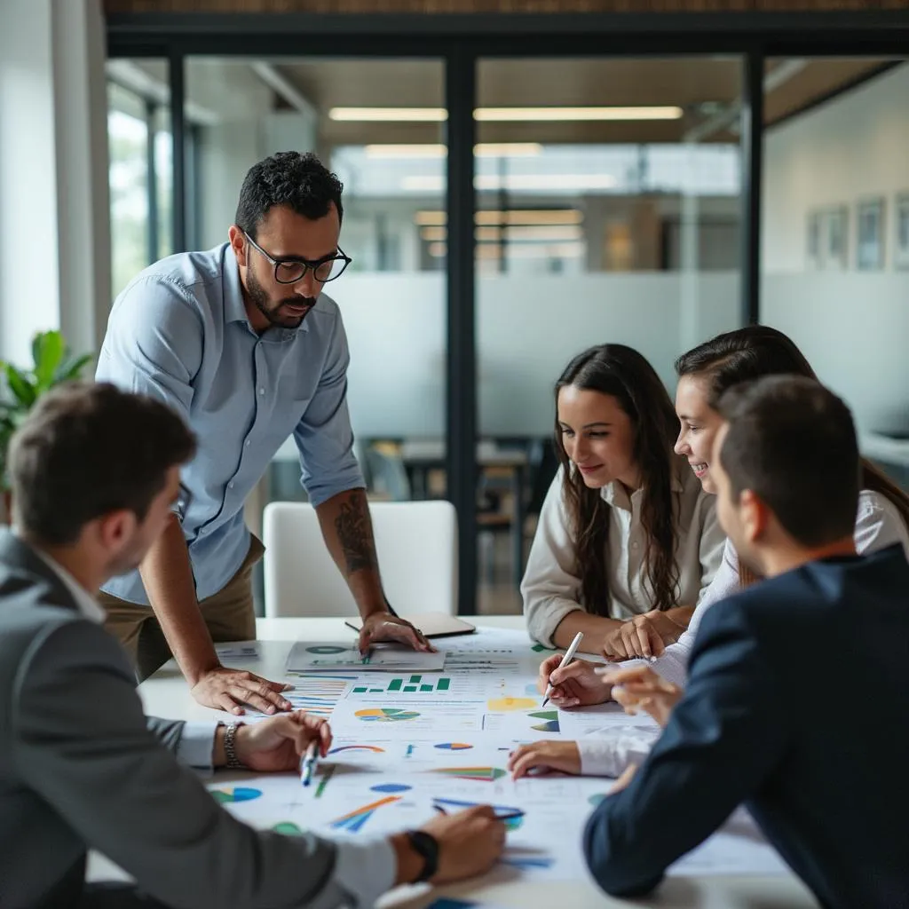 Equipo de FinanzasCol discutiendo estrategias financieras en una oficina moderna en Colombia