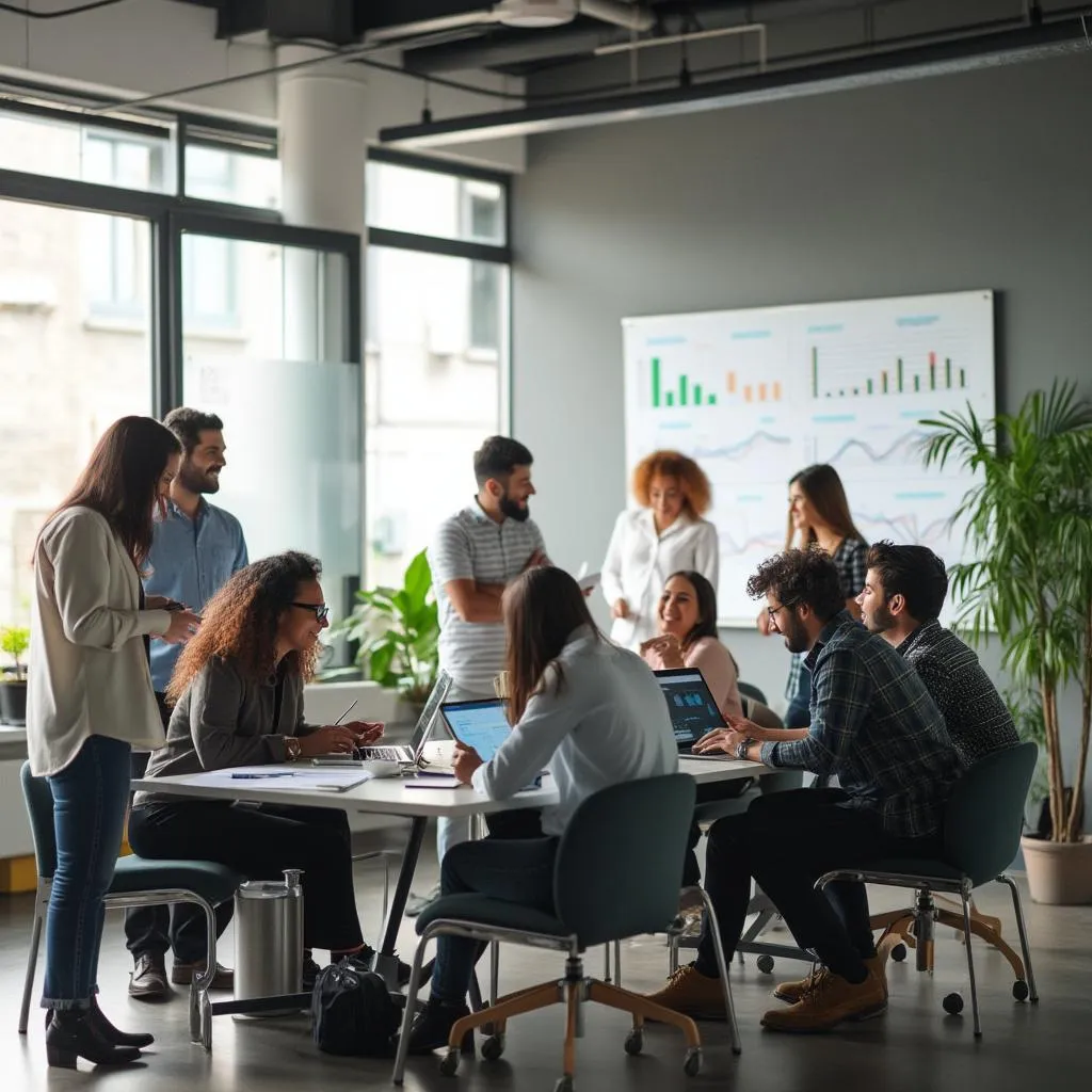 Equipo de FinanzasCol trabajando colaborativamente en la oficina